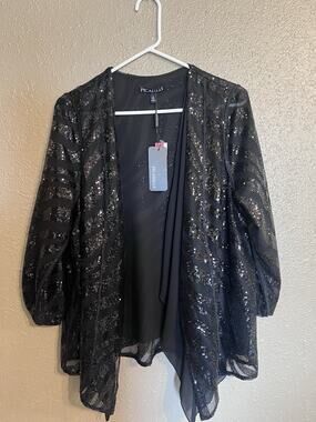 Picadilly Black sequin open front formal cardigan size Large NWT